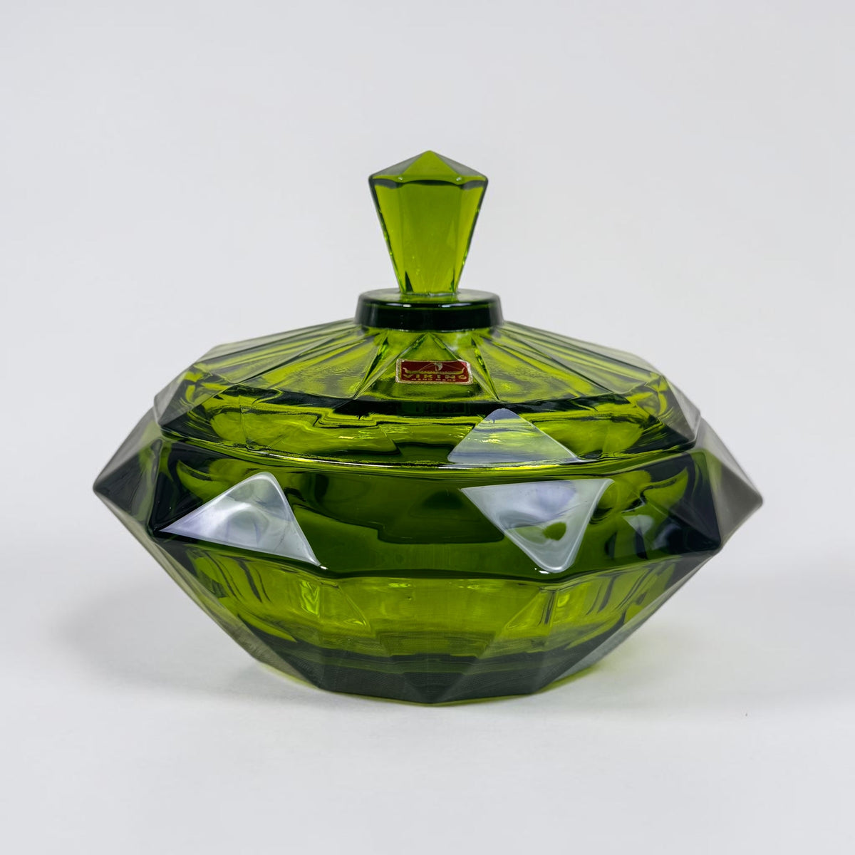 Viking emerald green diamond point lidded candy dish vintage glass