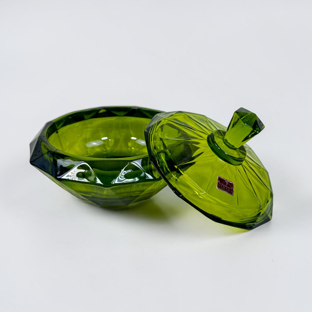 Mid century Viking glass faceted green covered bowl with lid