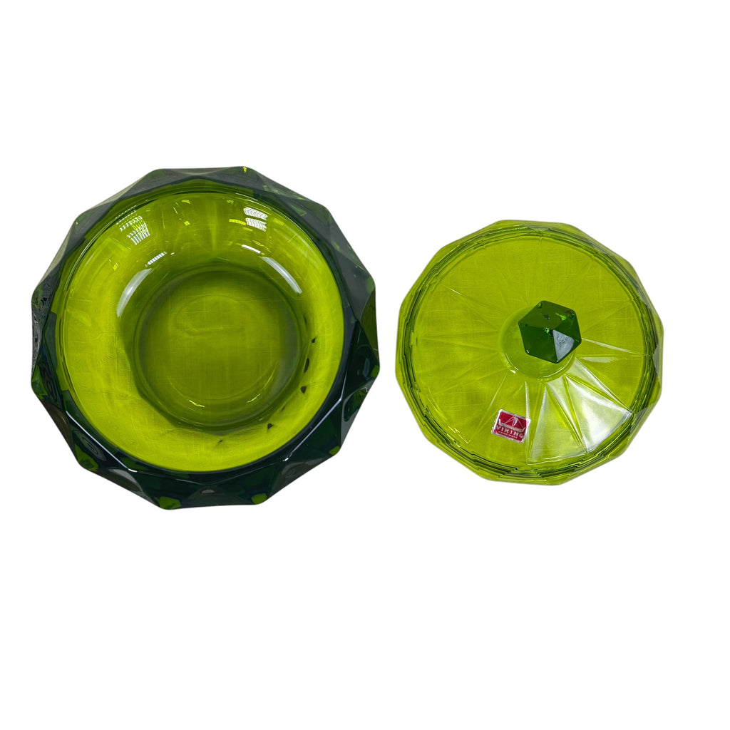 Vintage emerald glass candy dish with geometric diamond pattern