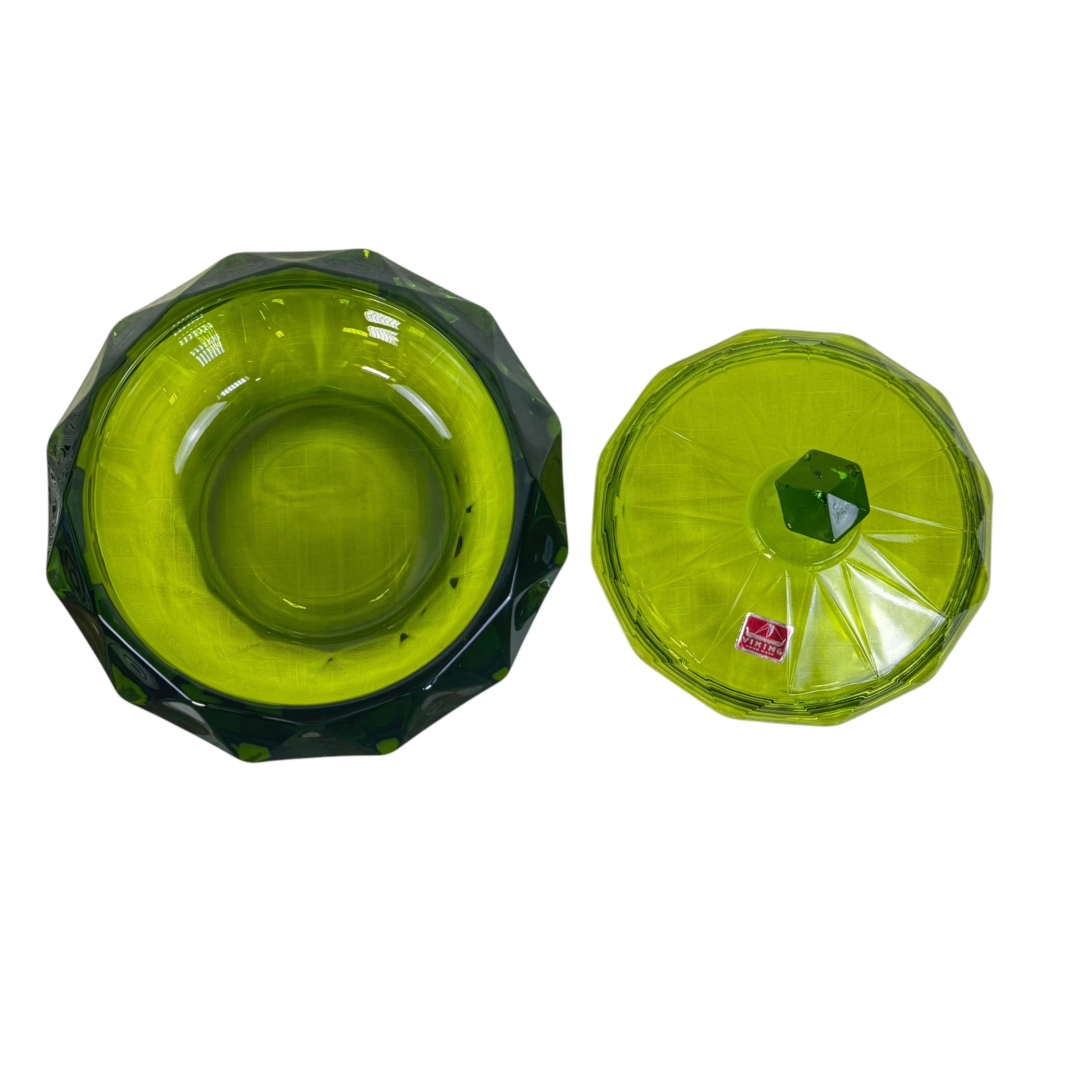 Vintage emerald glass candy dish with geometric diamond pattern