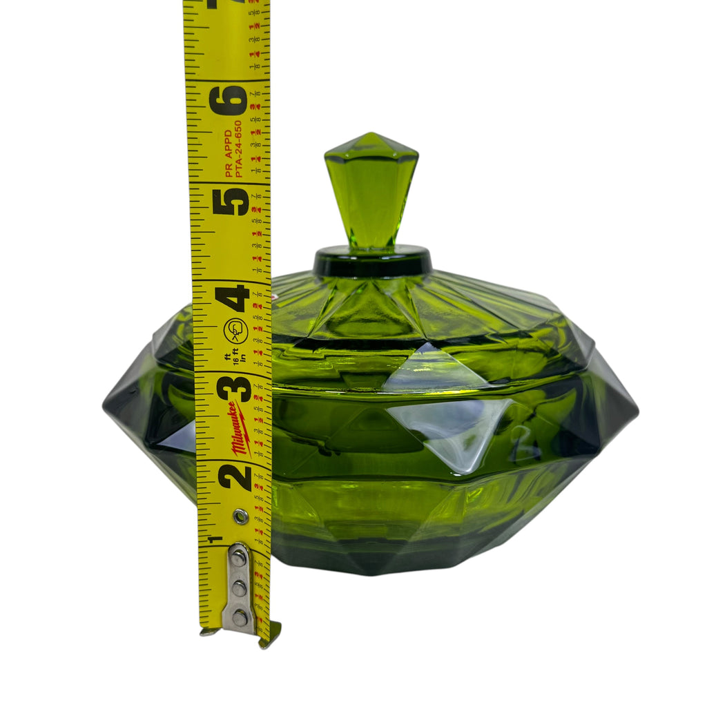 Viking Emerald Diamond Point Lidded Candy Dish | Mid Century Faceted Glass