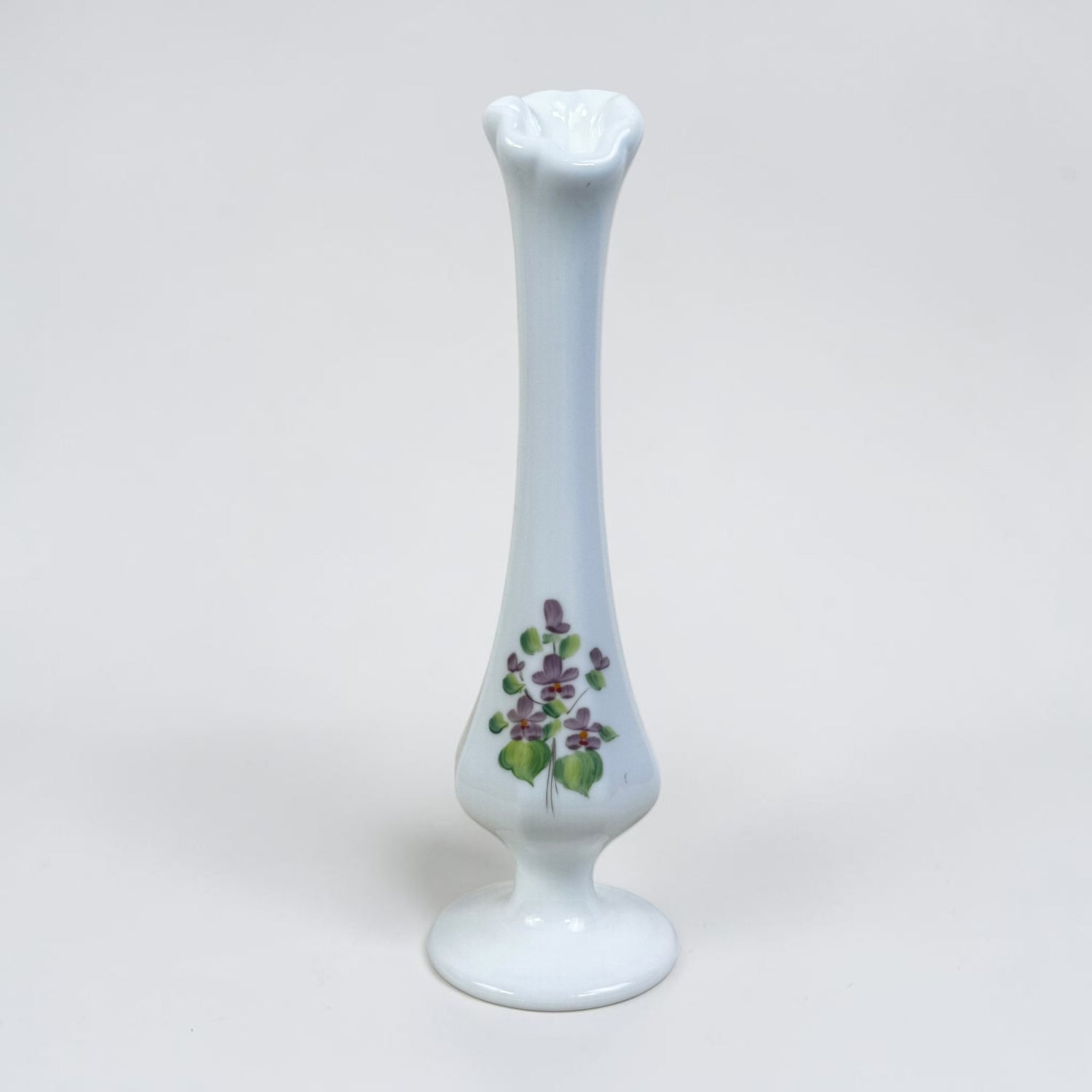 Vintage Fenton white milk glass bud vase with Violets in the Snow pattern