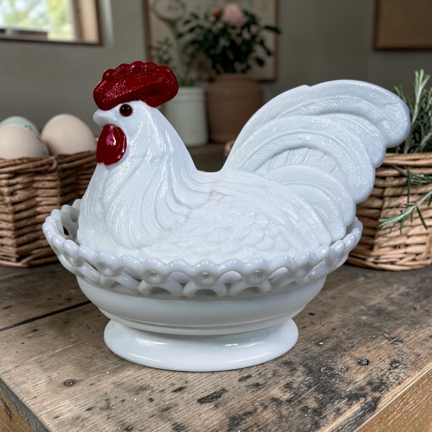 Vintage Westmoreland white milk glass rooster hen on nest dish