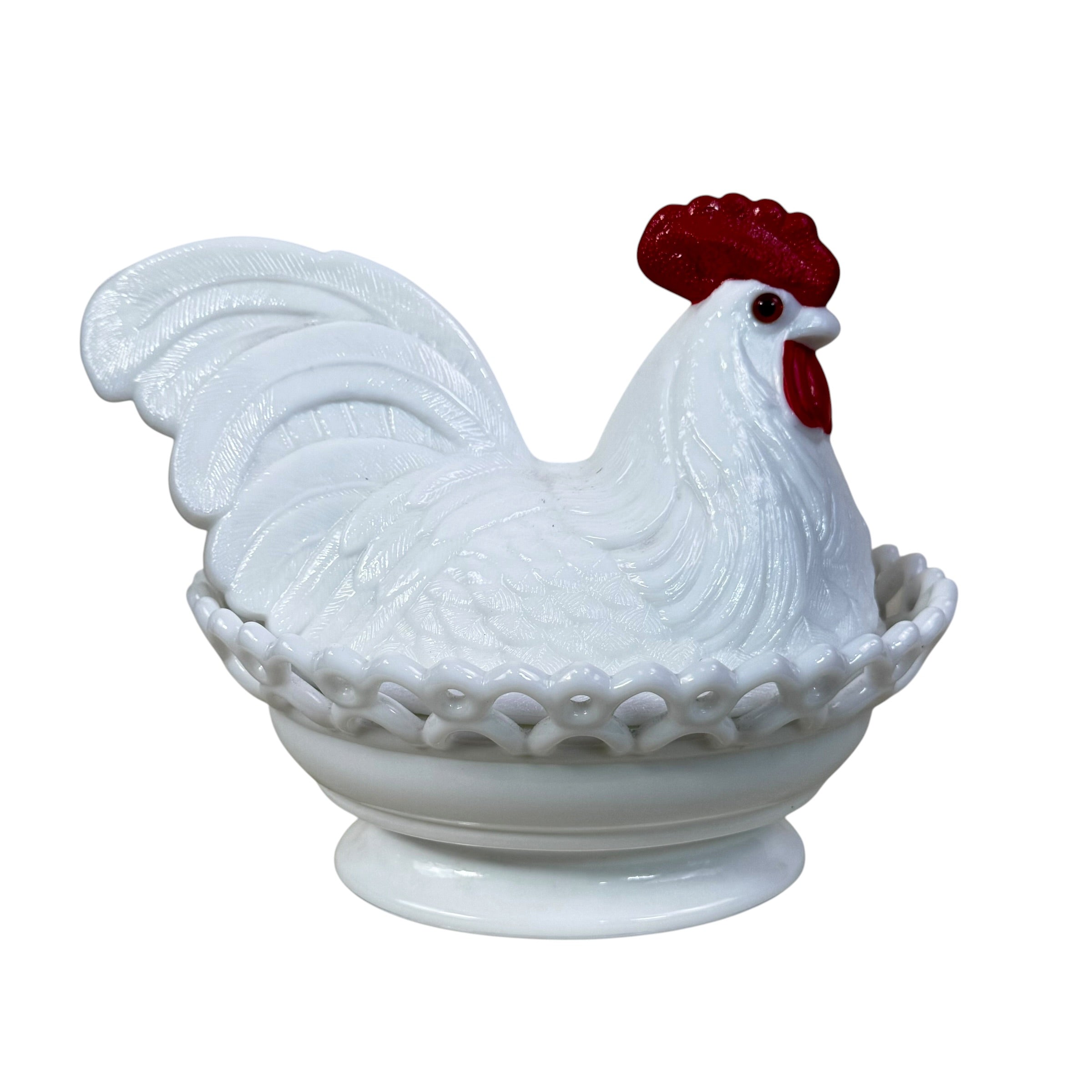 White Westmoreland hen on nest collectible milk glass dish
