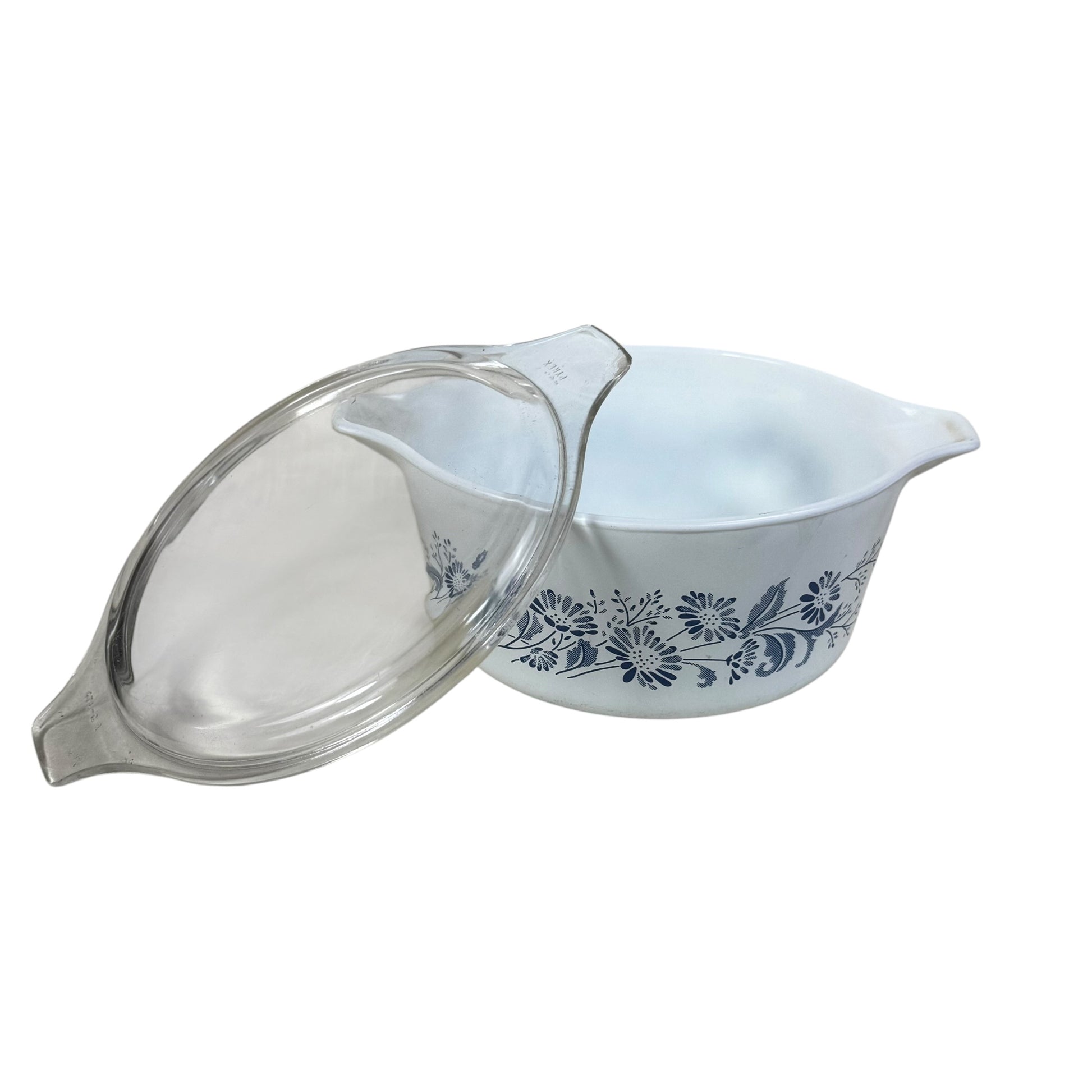 White and blue floral Pyrex casserole dish with original glass lid