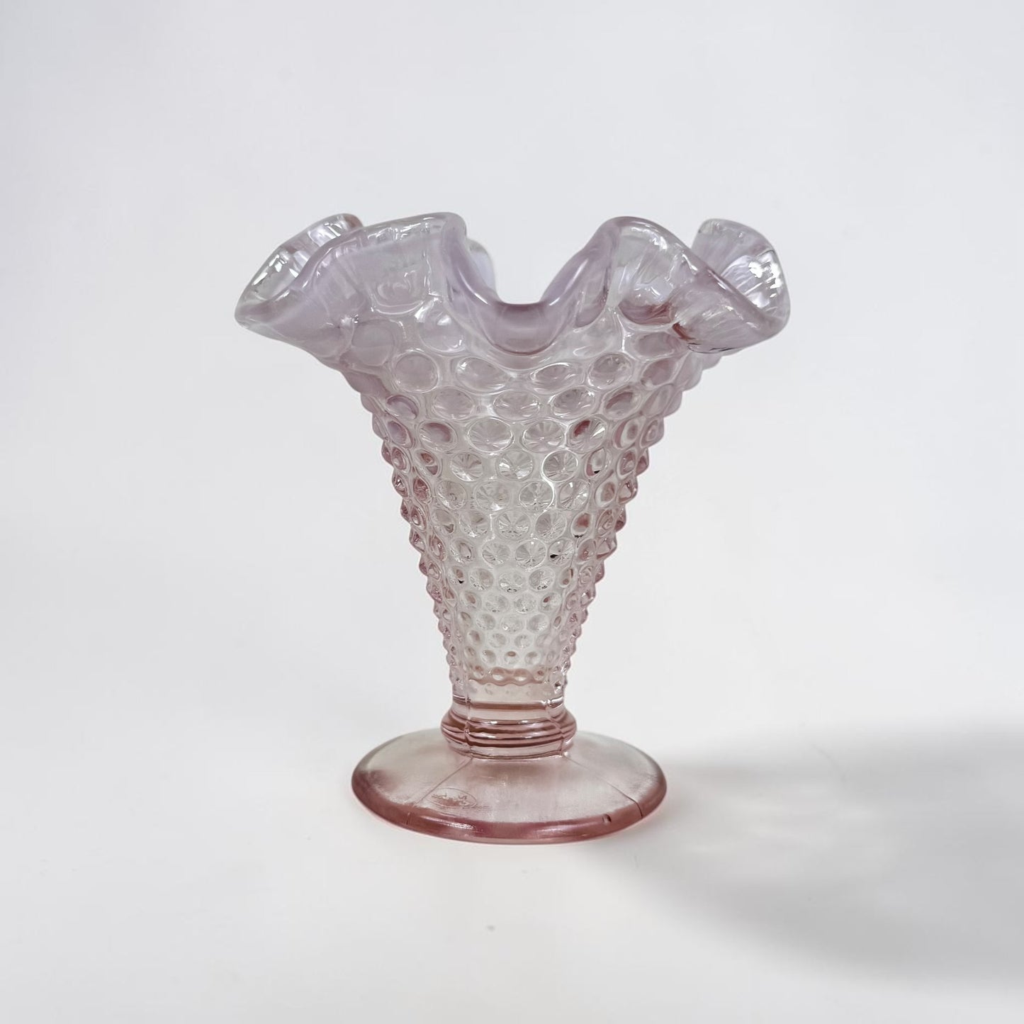 Fenton rose pink hobnail opalescent trumpet vase with ruffled rim