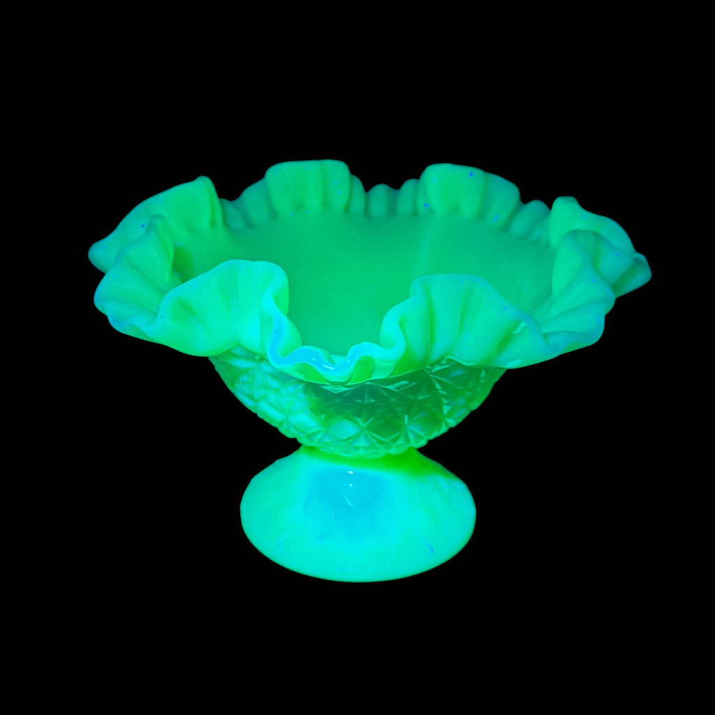Fenton Fine Cut and Block uranium glass pedestal bowl