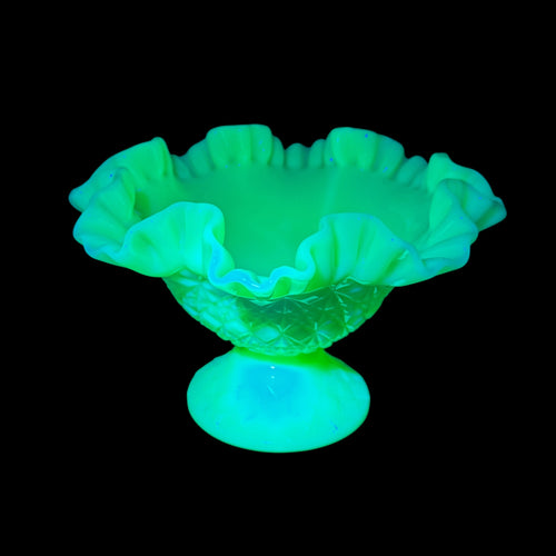 Fenton Fine Cut and Block uranium glass pedestal bowl