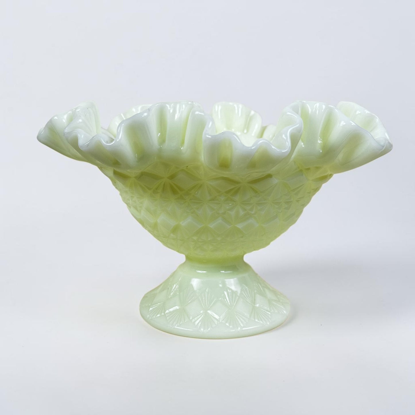 Vintage Fenton custard uranium glass ruffled compote