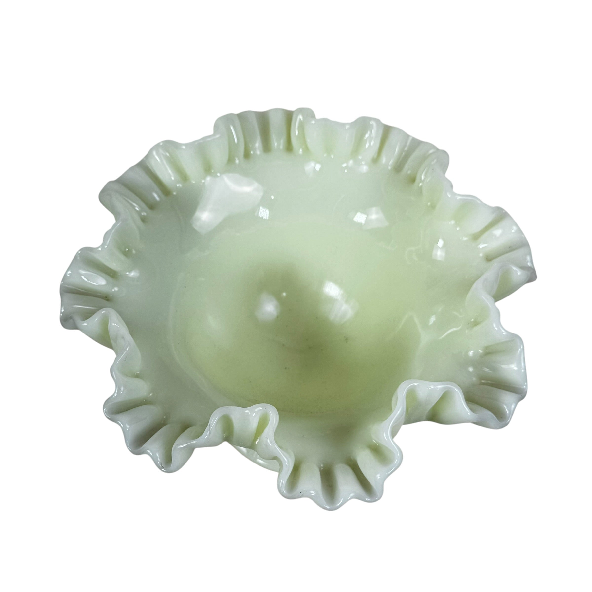 Custard yellow uranium glow glass compote with crimped edge