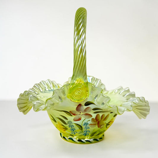 Vintage Fenton Topaz Opalescent hand painted basket signed P. Lane