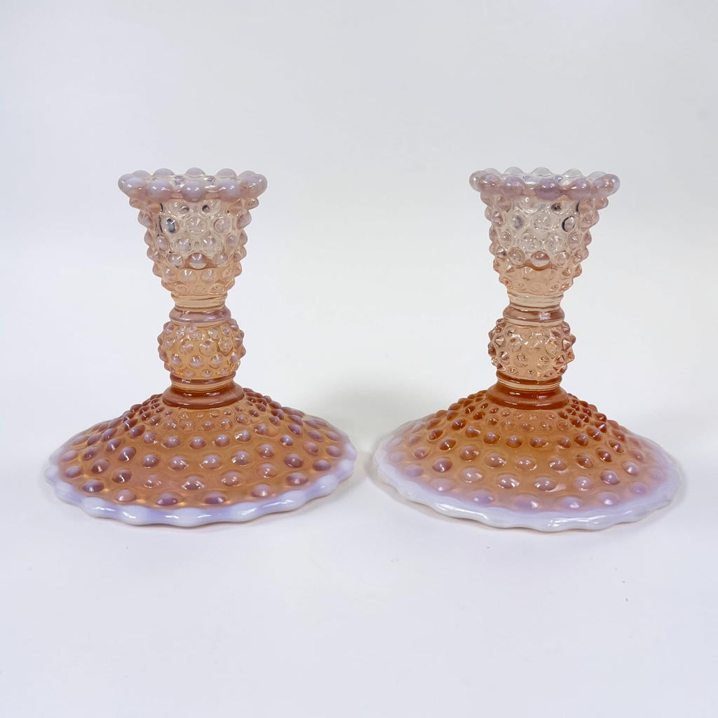 Vintage Duncan Miller pink opalescent hobnail candlestick holders