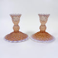 Vintage Duncan Miller pink opalescent hobnail candlestick holders