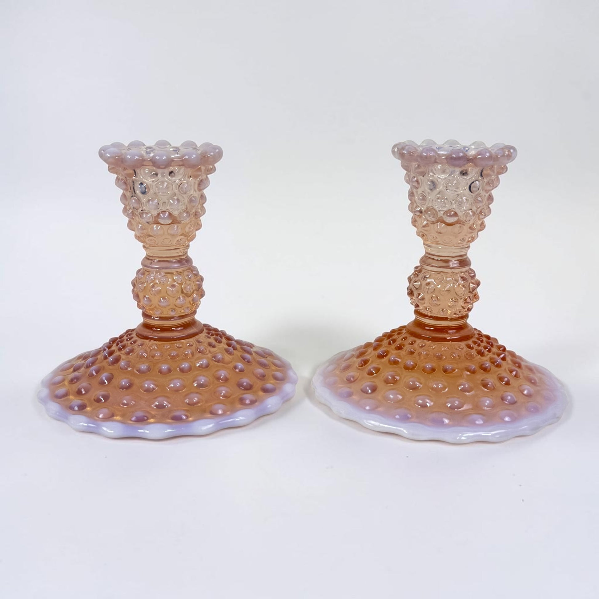 Vintage Duncan Miller pink opalescent hobnail candlestick holders