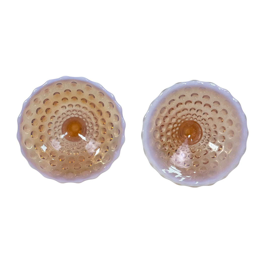 Duncan Miller pink glass candlesticks in hobnail pattern