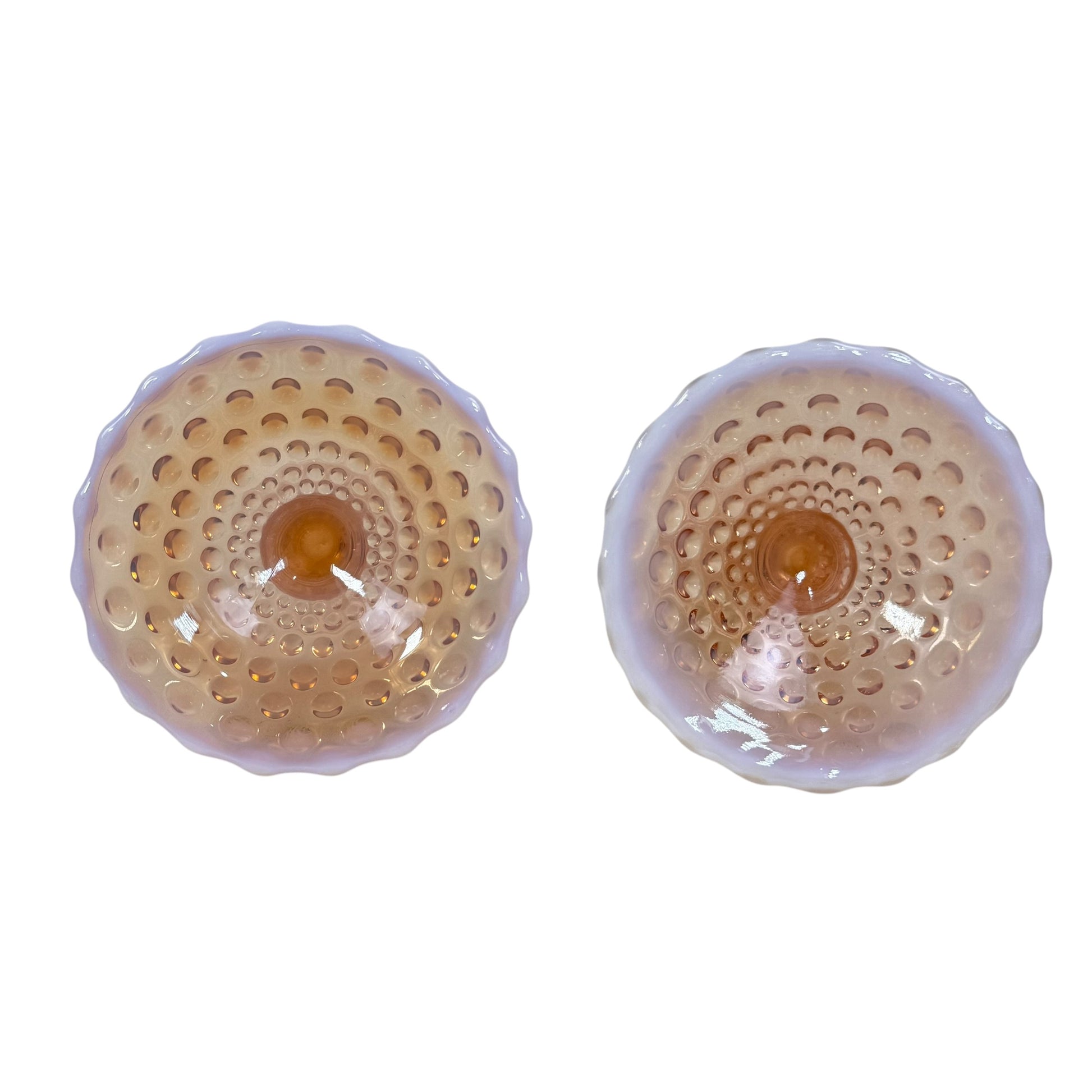 Duncan Miller pink glass candlesticks in hobnail pattern