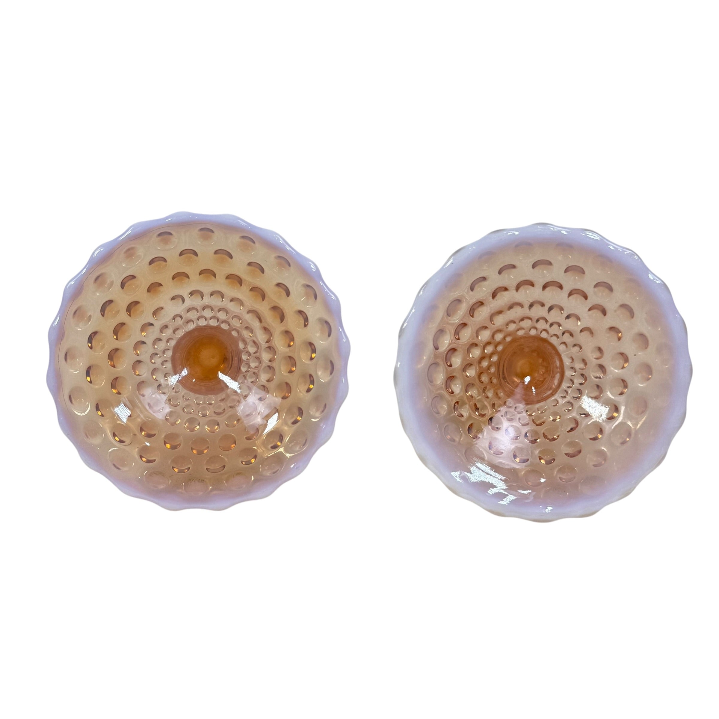 Duncan Miller pink glass candlesticks in hobnail pattern