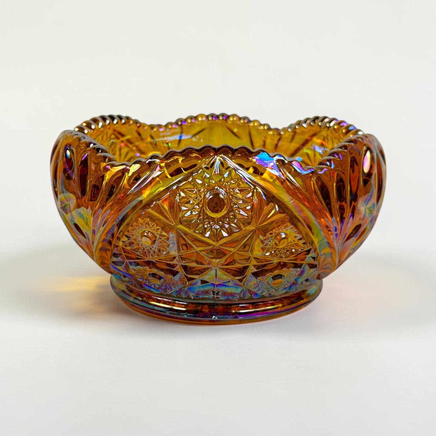 Vintage L.E. Smith amber carnival glass Hobstar Daisy bowl