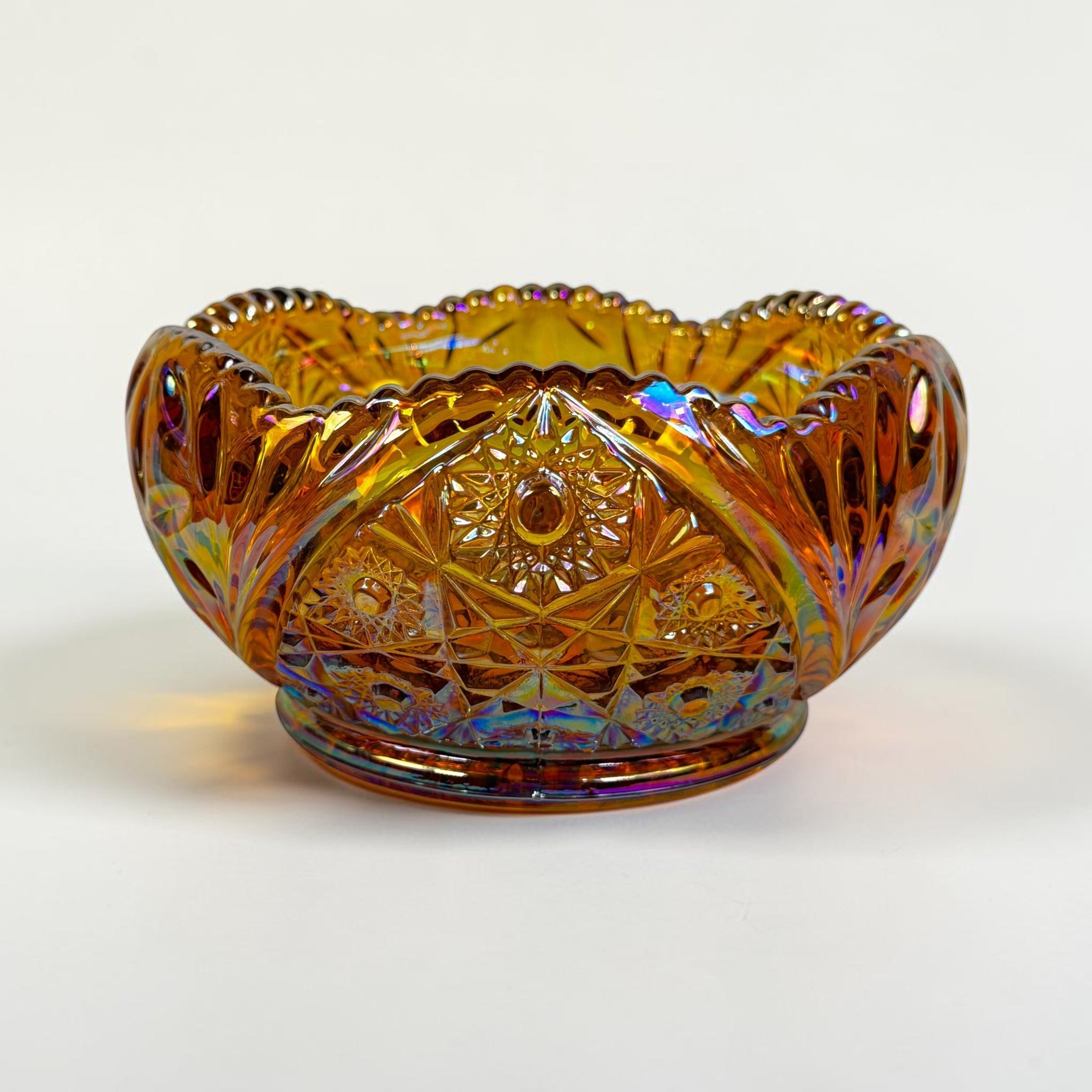 Vintage L.E. Smith amber carnival glass Hobstar Daisy bowl
