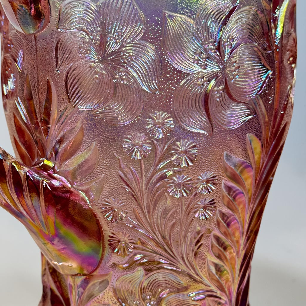 Imperial Glass pink pressed glass pitcher with iridescent finish
