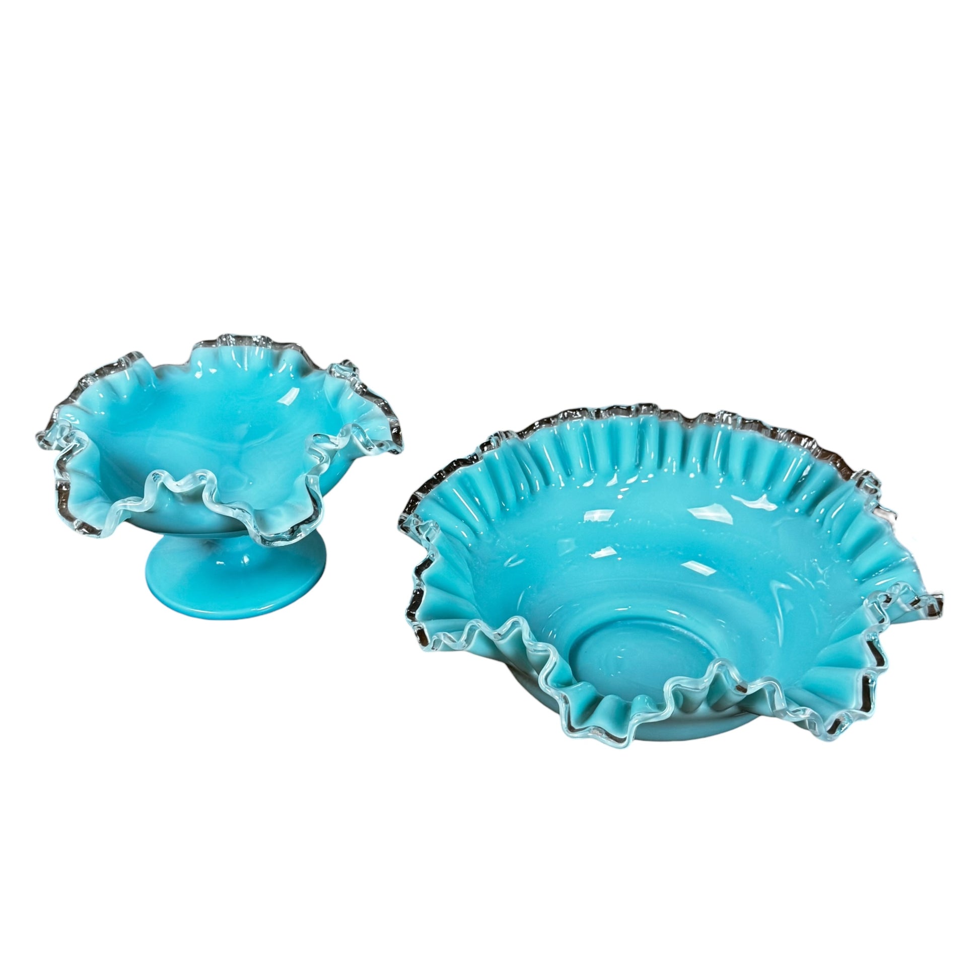 Fenton Art Glass turquoise milk glass Silver Crest ruffled bowls 1950s