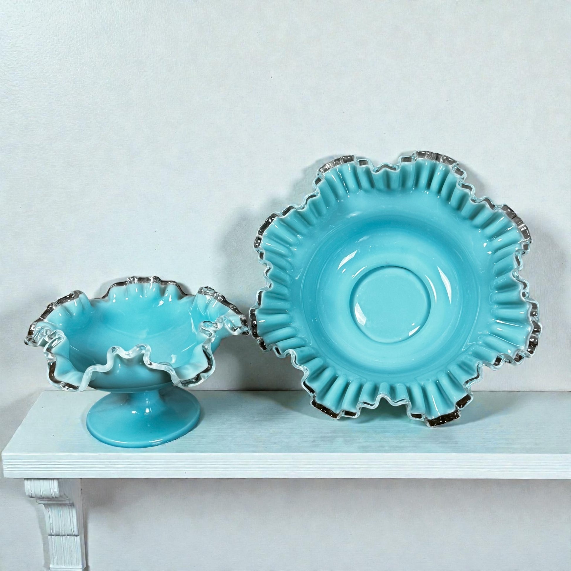 Vintage Fenton Silver Crest turquoise blue milk glass bowls set of two