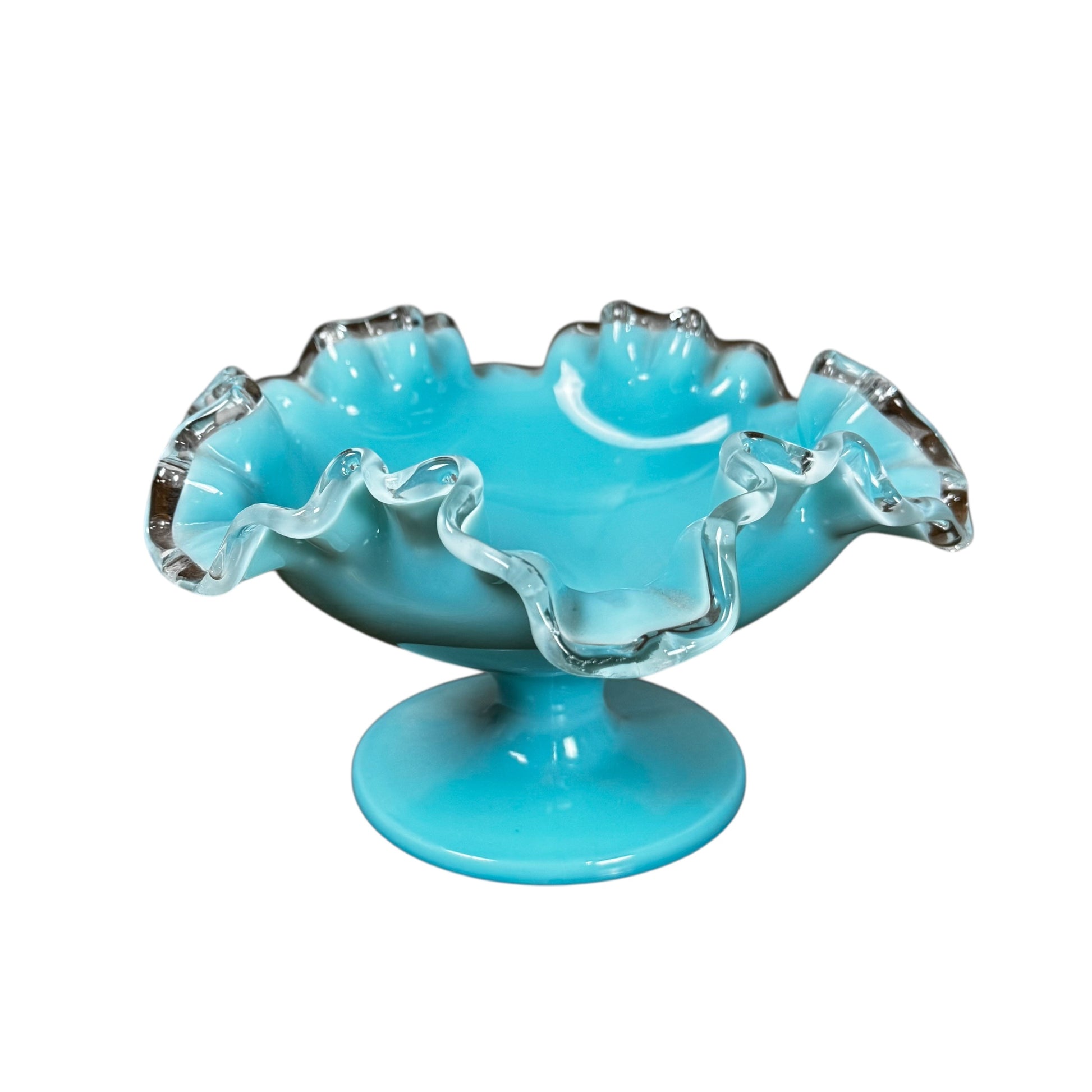 Mid-century Fenton Silver Crest blue milk glass pedestal and bowl set