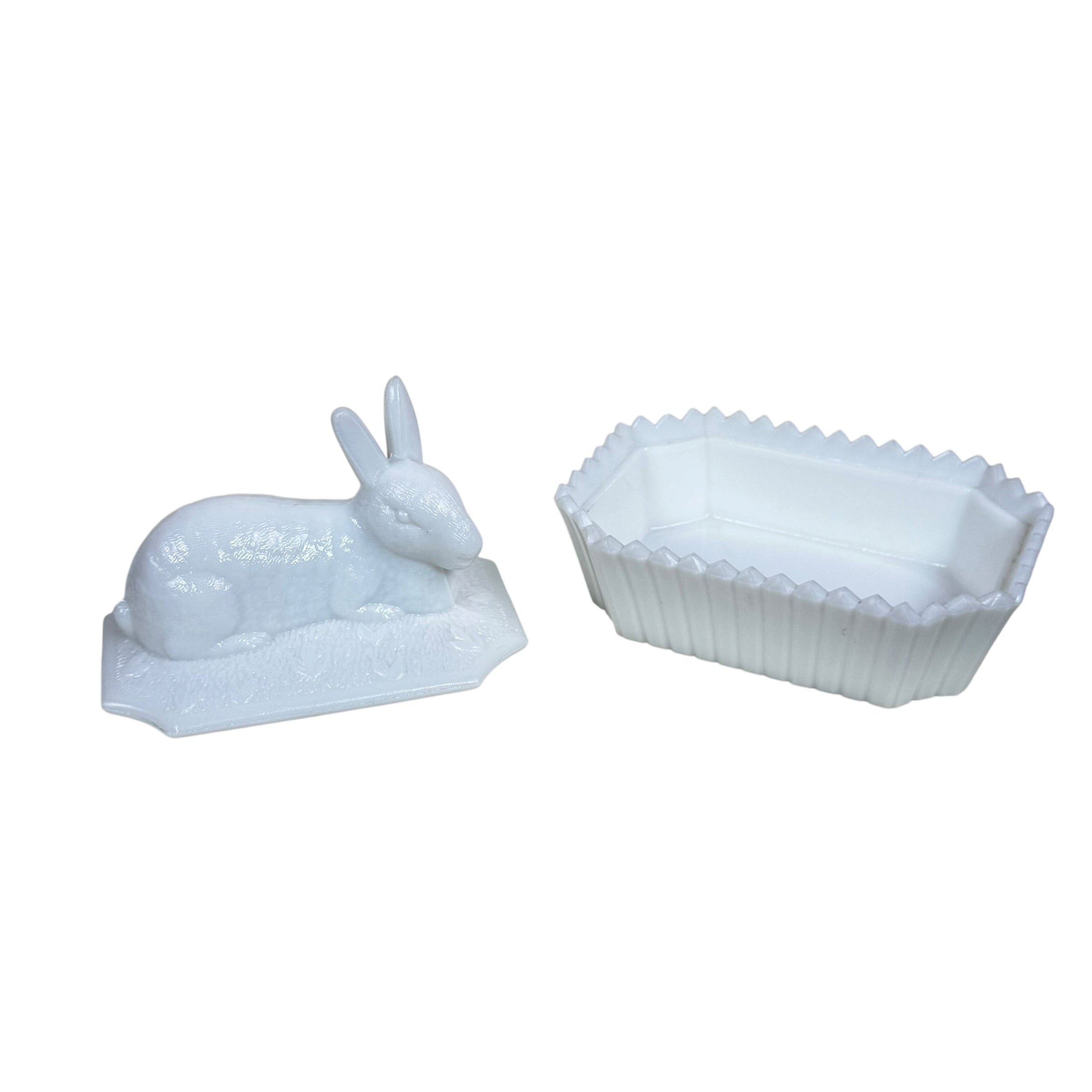 Vintage rabbit on nest covered candy dish in milk glass
