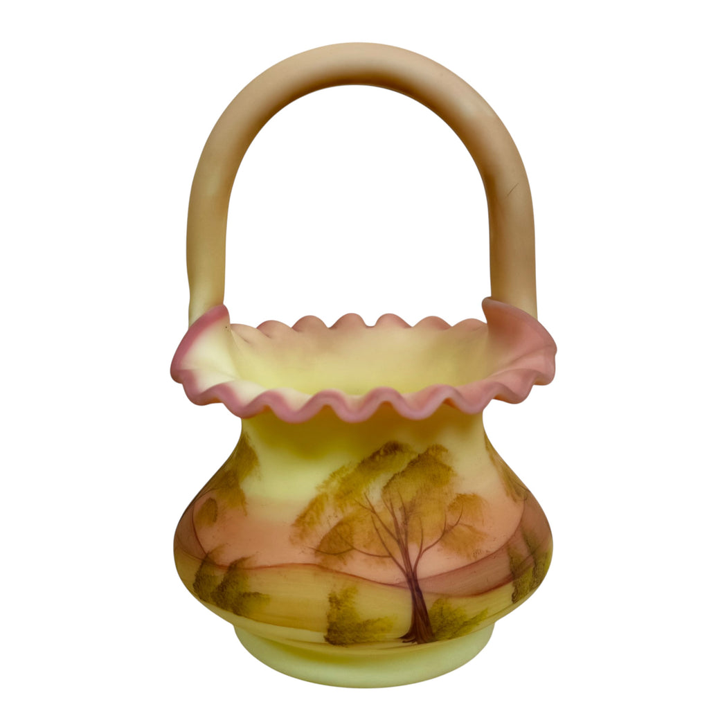 Vintage Fenton Burmese art glass basket with ruffled rim and handle