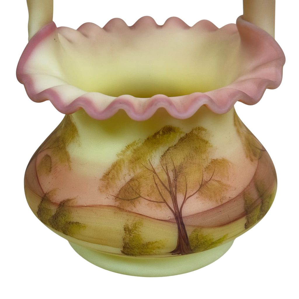 Fenton Burmese Hand Painted Scenic Basket