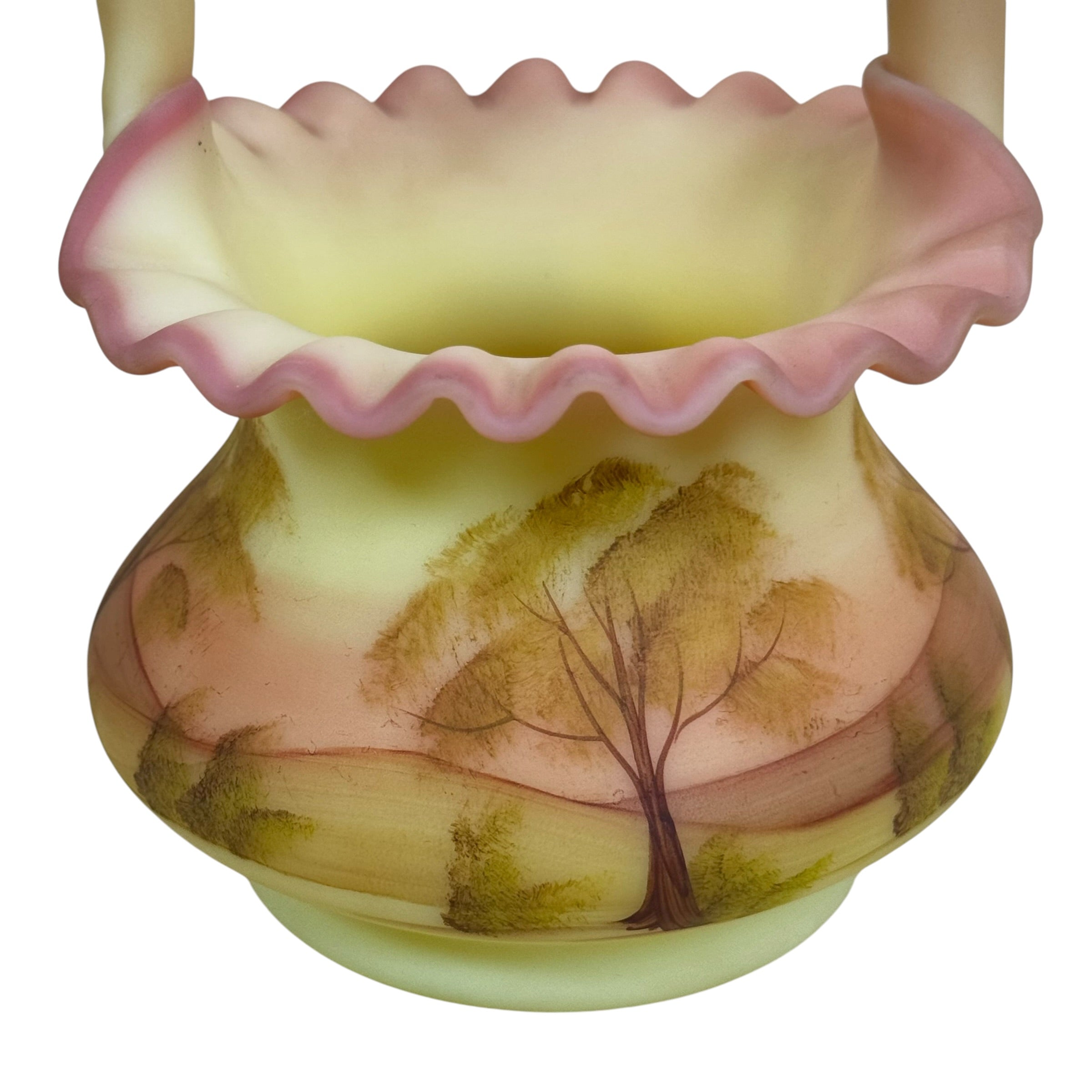 Fenton Burmese Hand Painted Scenic Basket