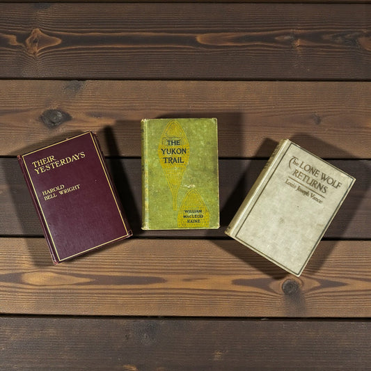 Set of three antique hardcover books with aged cloth covers styled on wood surface