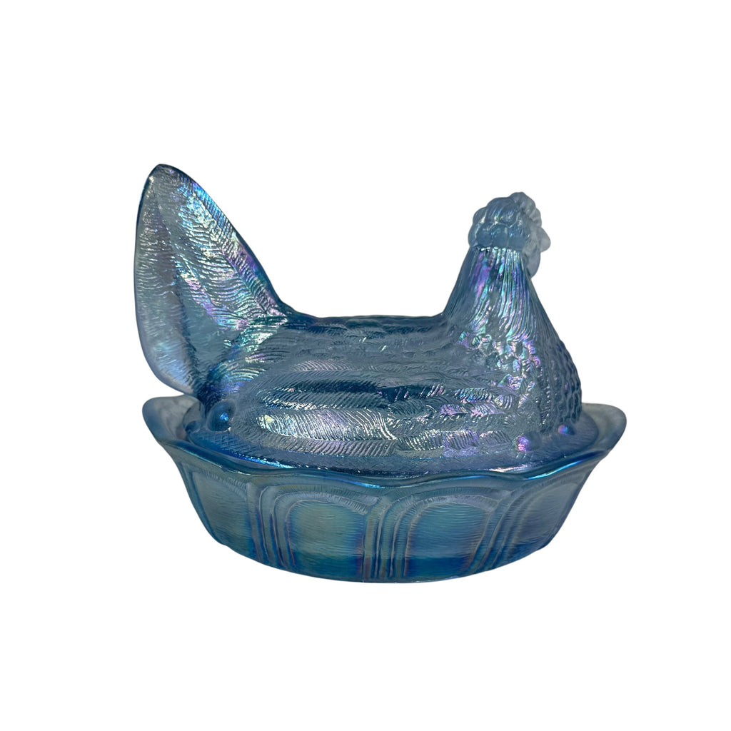 Vintage Fenton blue carnival glass hen on nest