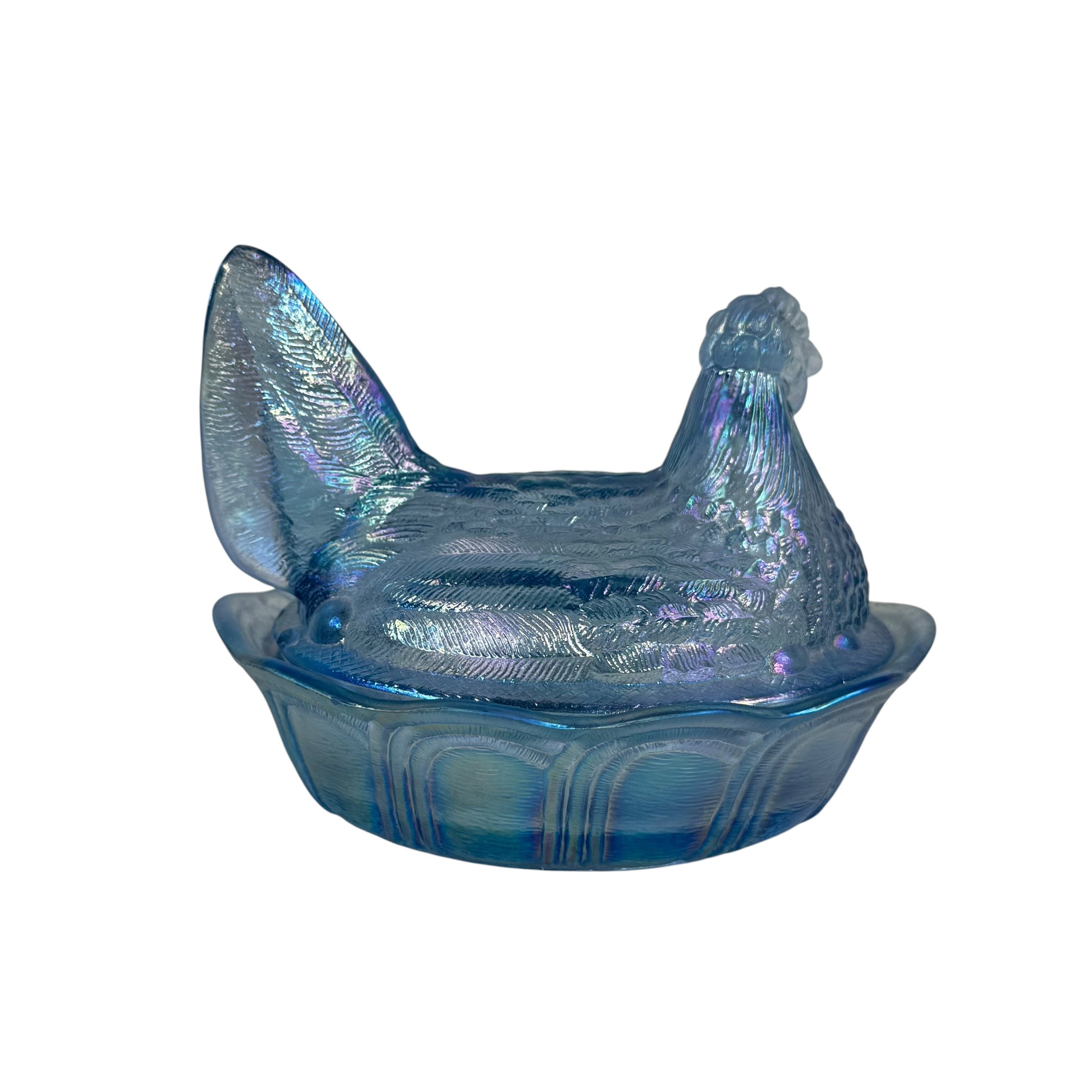 Vintage Fenton blue carnival glass hen on nest