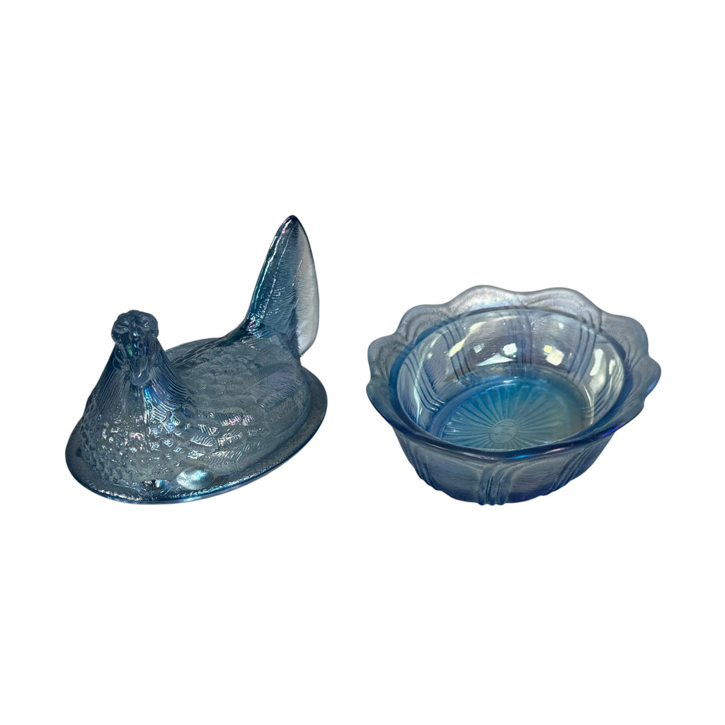 Collectible Fenton Art Glass covered hen dish in Ocean Blue