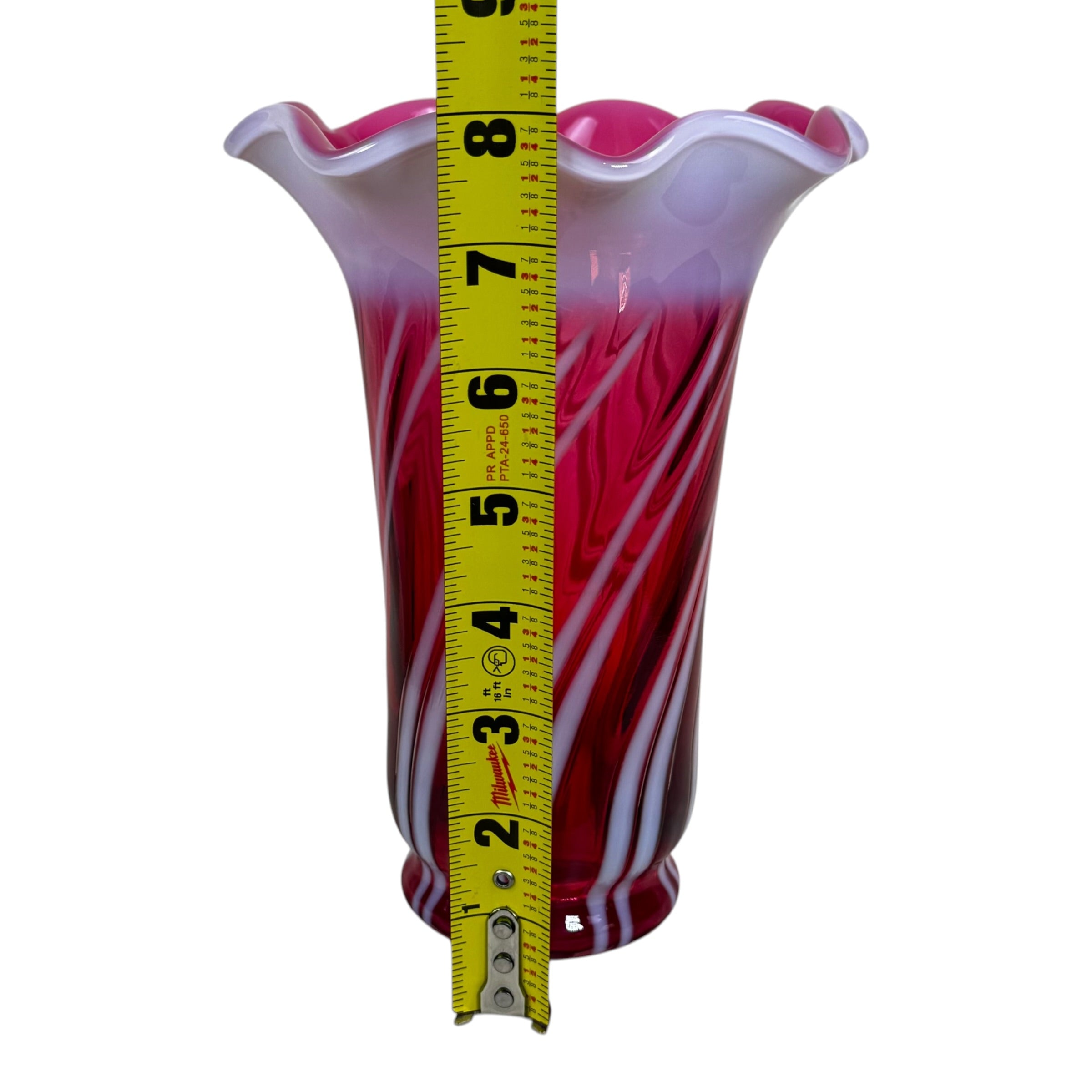 Collectible Fenton cranberry and opalescent art glass vase from the 1930s