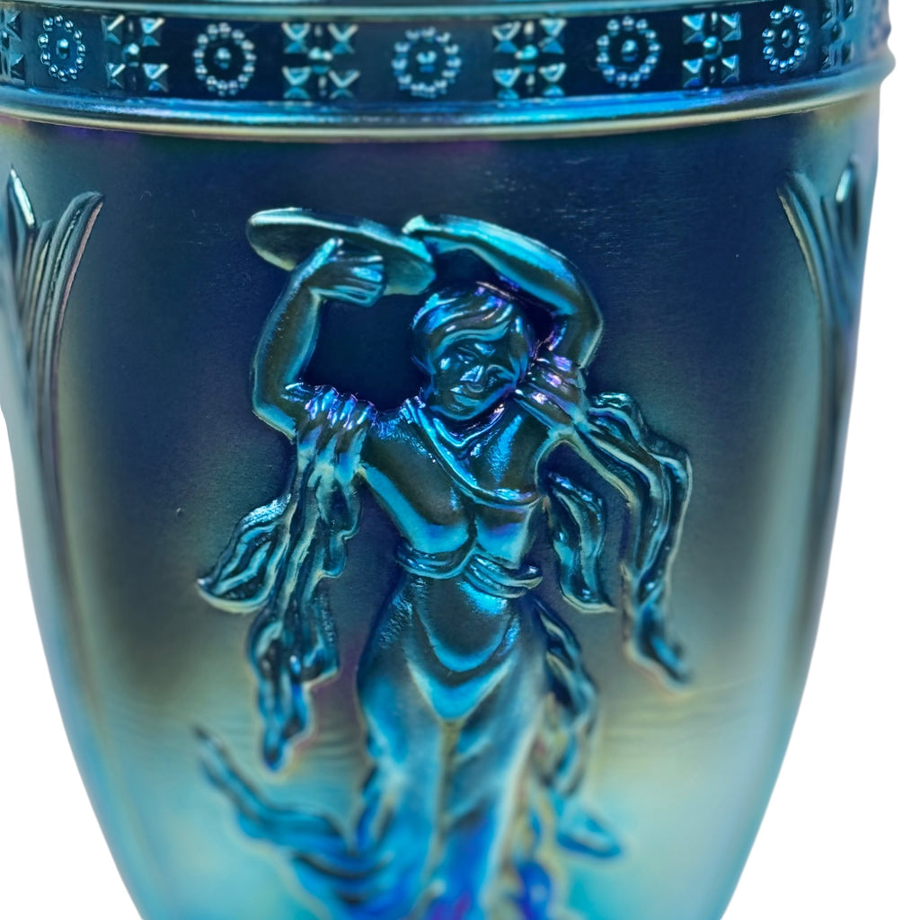 Collectible Fenton Dancing Ladies lidded jar with cobalt carnival glass finish