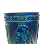 Fenton 100th Anniversary covered pedestal jar in iridescent blue glass