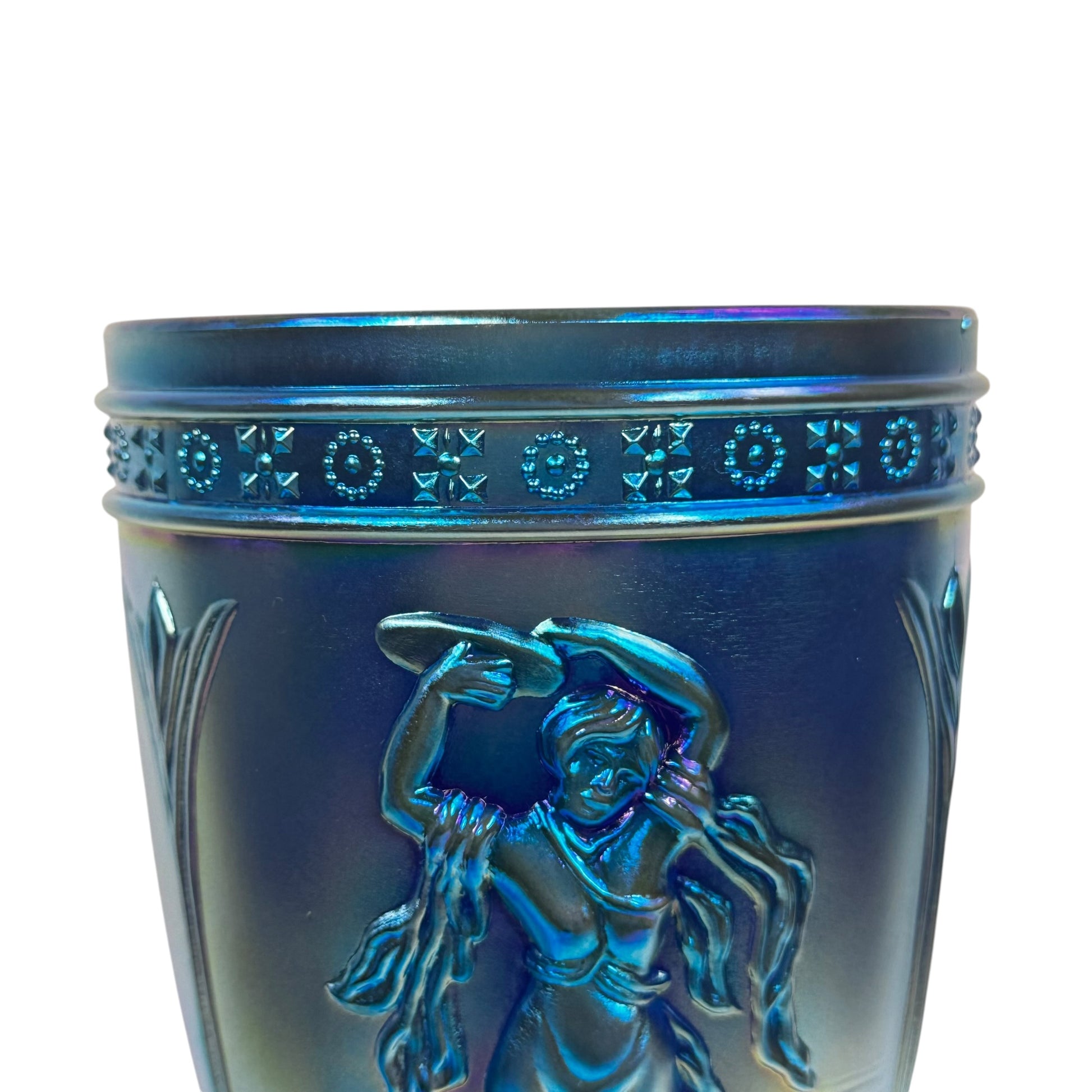 Fenton 100th Anniversary covered pedestal jar in iridescent blue glass