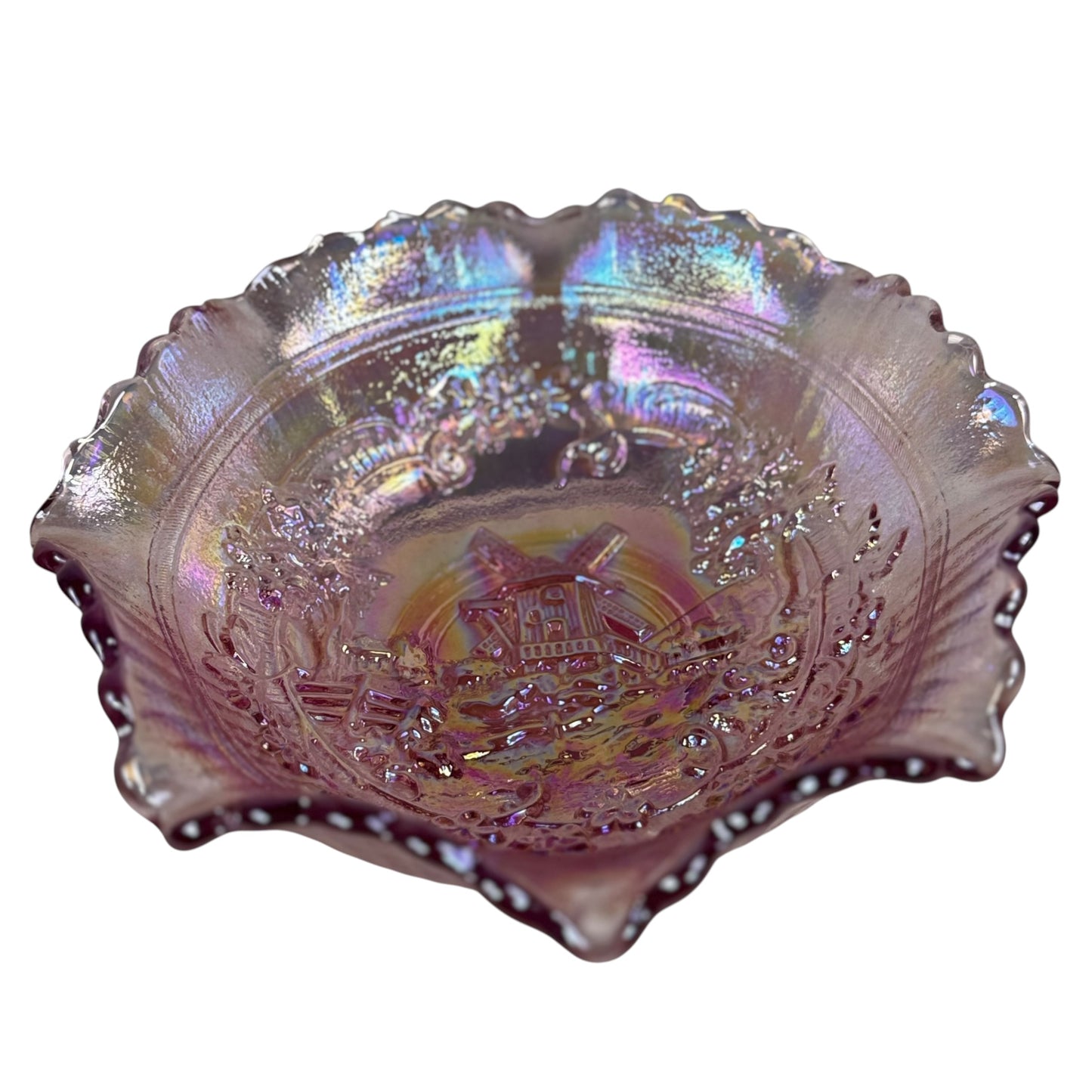 Vintage Imperial pink iridescent carnival glass bowl