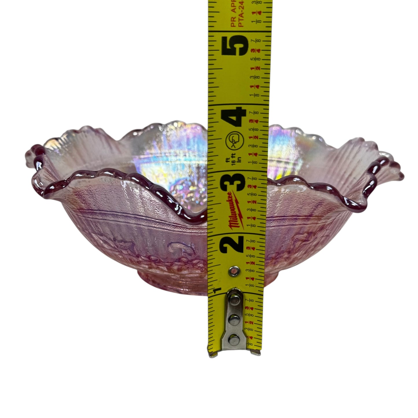 Imperial Glass "Windmill" Pink Carnival Glass Ruffled Bowl