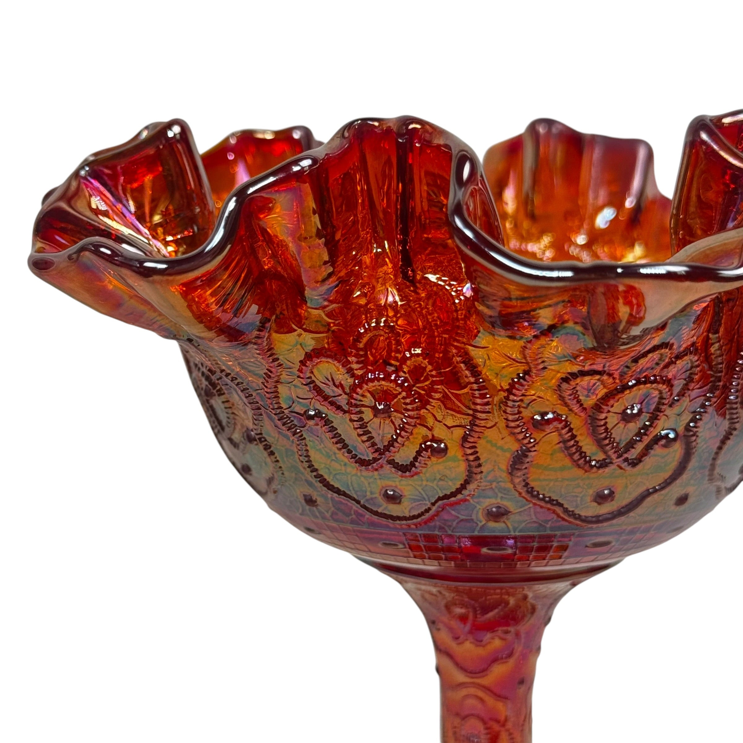 Amberina iridescent Fenton compote with ruffled rim