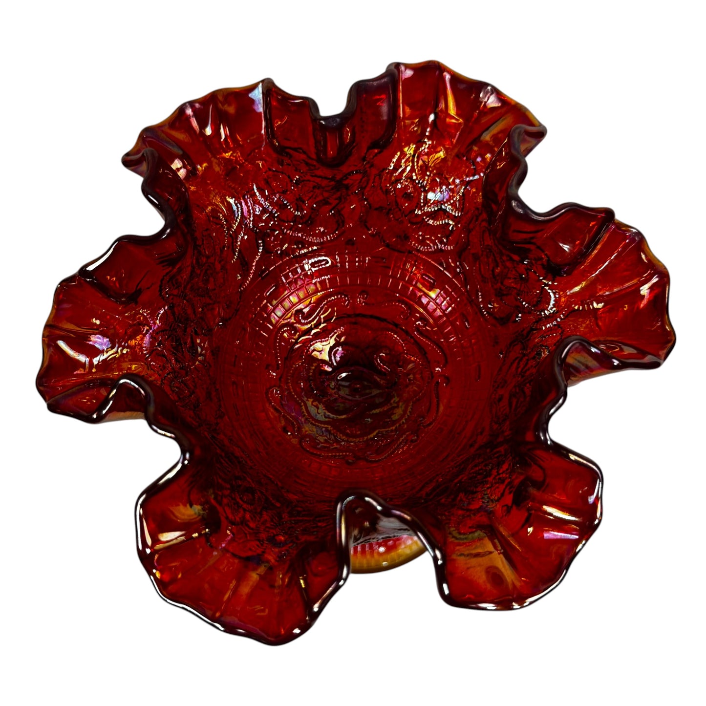 Collectible Fenton art glass compote in red and amber carnival glass finish