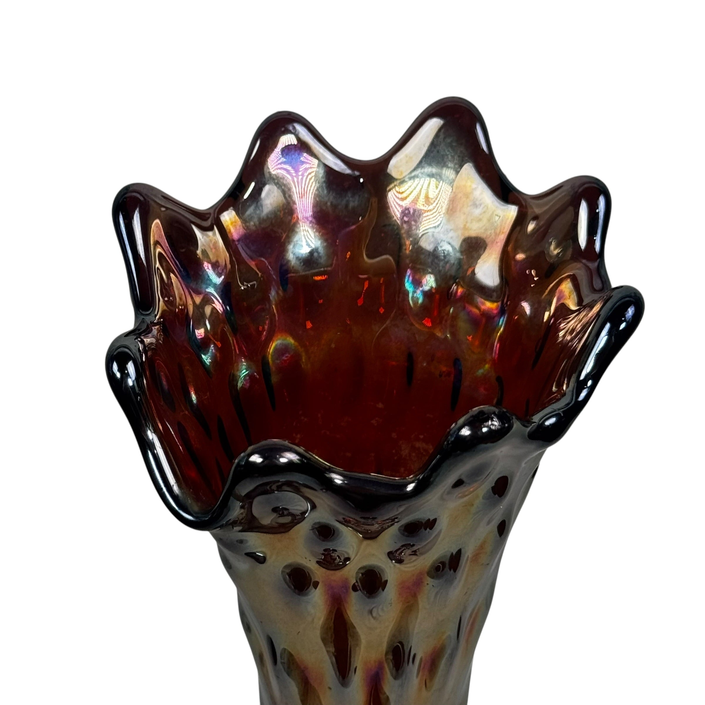 Fenton Art Glass purple carnival glass vase with ruffled rim