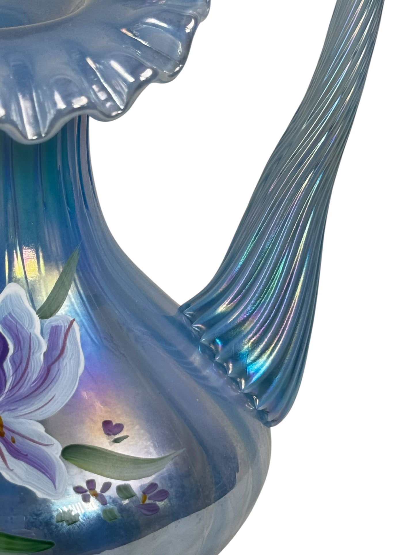 Vintage Fenton hand-painted iris pitcher in blue iridescent glass