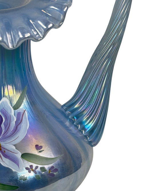 Vintage Fenton hand-painted iris pitcher in blue iridescent glass