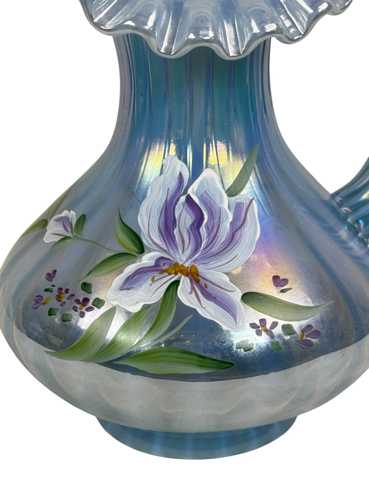 Signed Fenton art glass pitcher with floral iris decoration