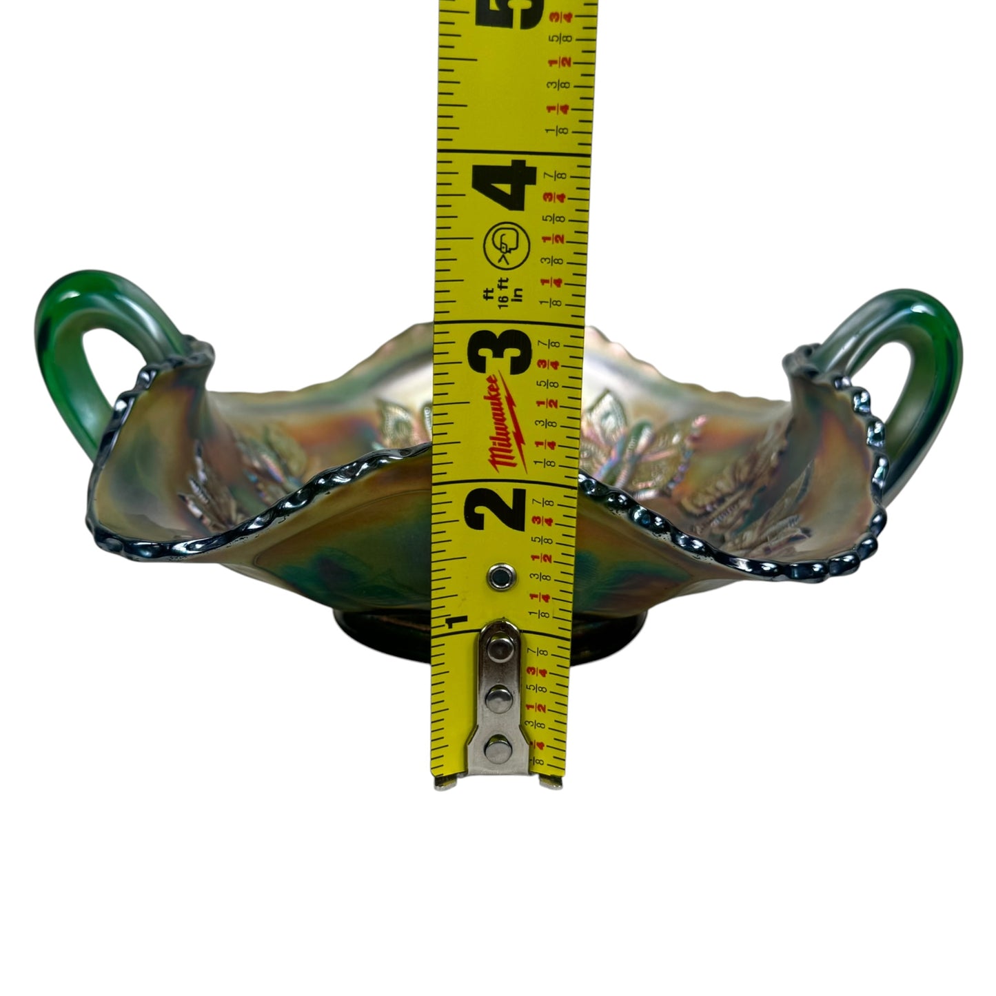 Vintage Fenton carnival glass handled bowl with butterfly motif