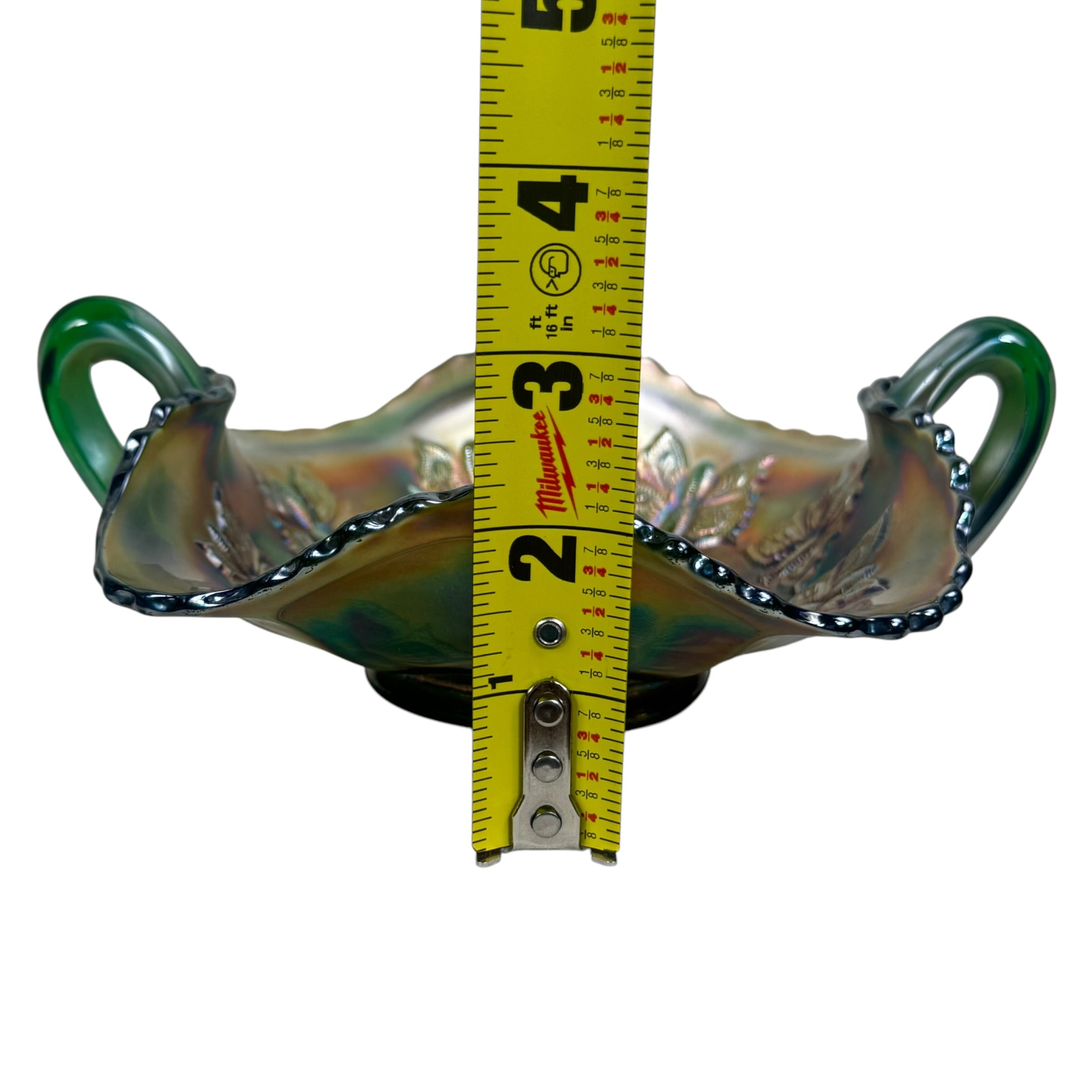 Vintage Fenton carnival glass handled bowl with butterfly motif