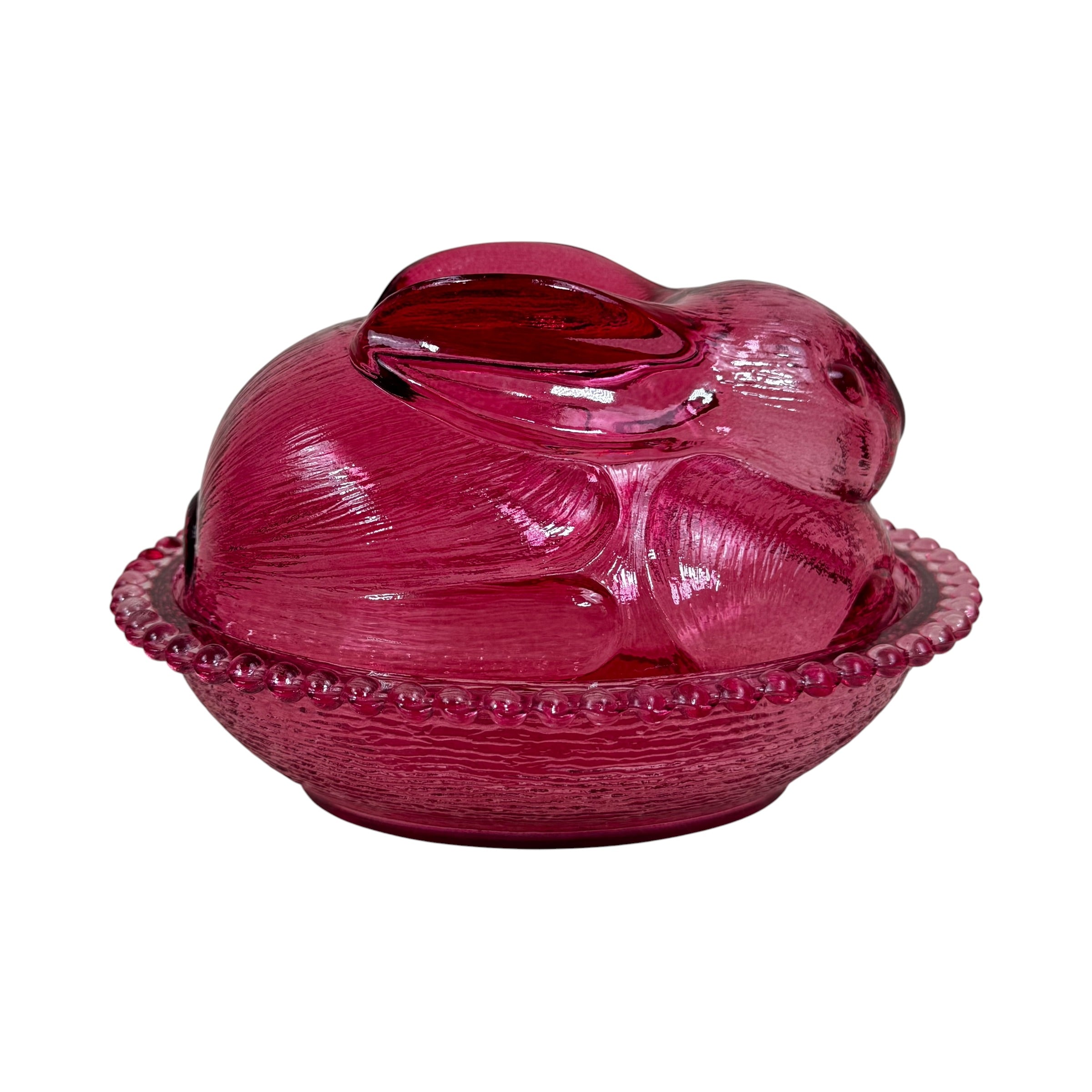 Vintage red glass rabbit on nest covered dish